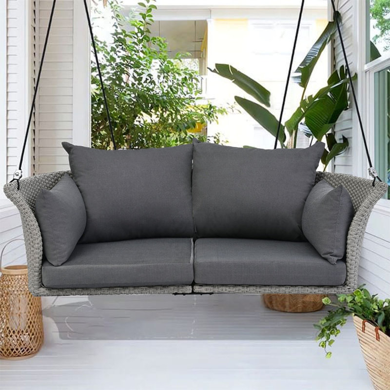 Red Barrel Studio® 2 Person PE Wicker Porch Swing Chair, Rattan Swing Hanging Chair with